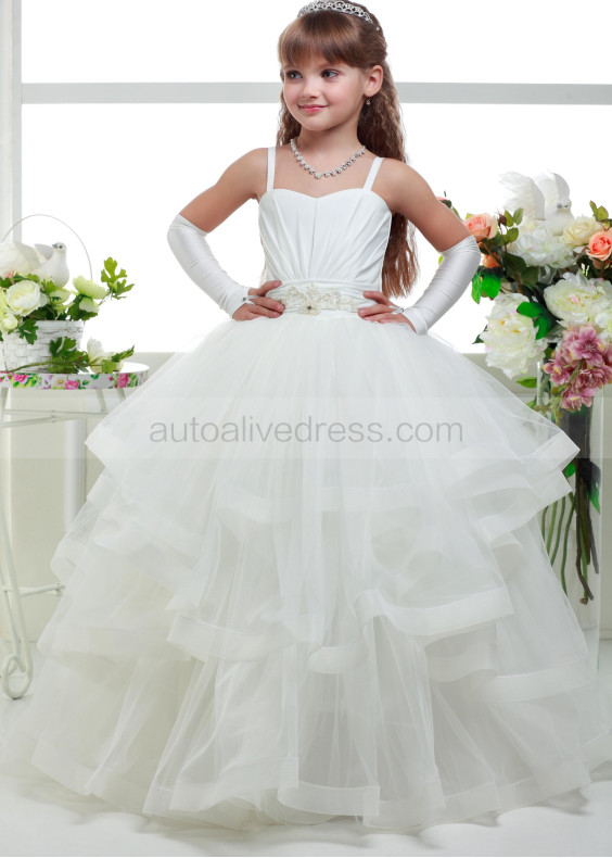 Spaghetti Straps Ivory Satin Tulle Ruffled Flower Girl Dress